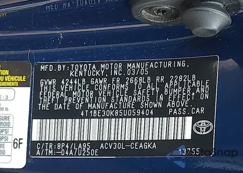 2005 Toyota Camry Xle z USA, uszkodzony, nr VIN 4T1BE30K85U059404